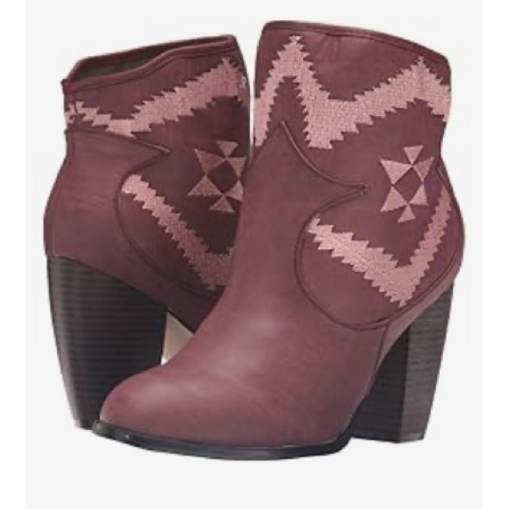 Michael Antonio Western Ankle High Heel Booties Burgundy  with pink stitching
